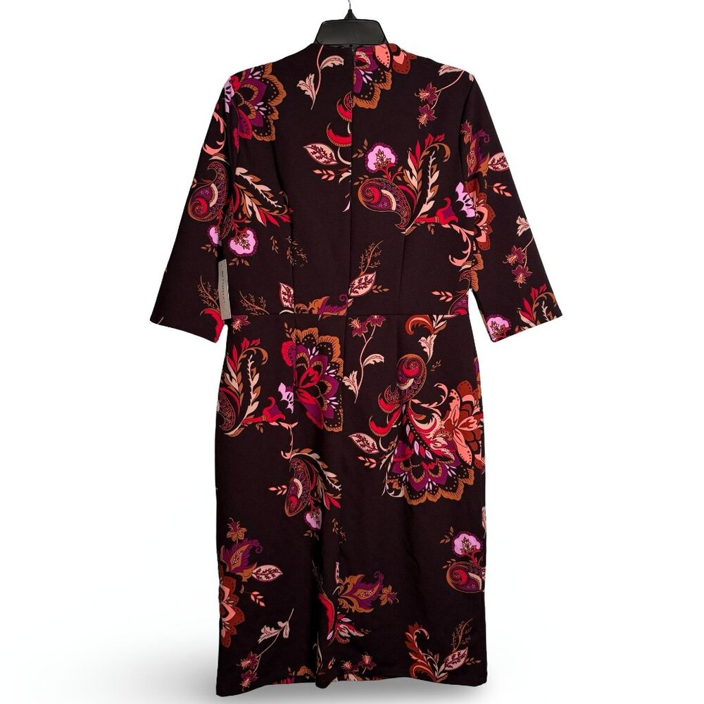Liz Claiborne Floral Sheath Dress Womens 12 Paisley 3/4‎ Sleeves Tie Neck Midi - Picture 3 of 8